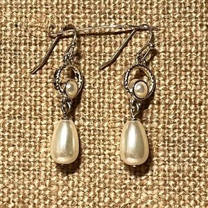 Silvertone & Faux Pearl Pierced Earrings 1.5 Inch Long Classy Teardrop Dangles